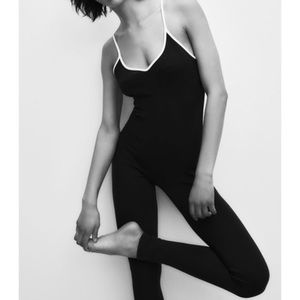ZARA BLACK LONG FITTED JUMPSUIT WITH WHITE TRIM